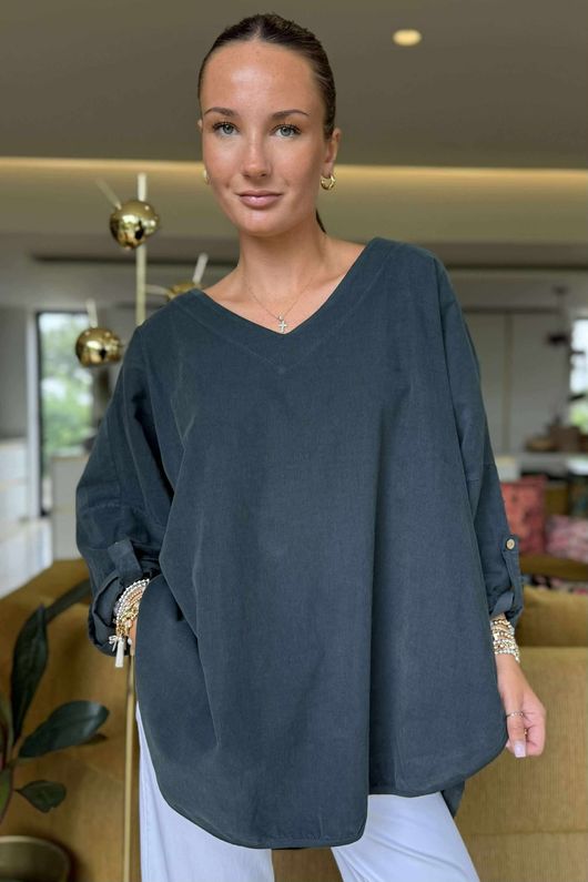 Made in Italy Cooper Needlecord Scoop Dip Back Top Charcoal